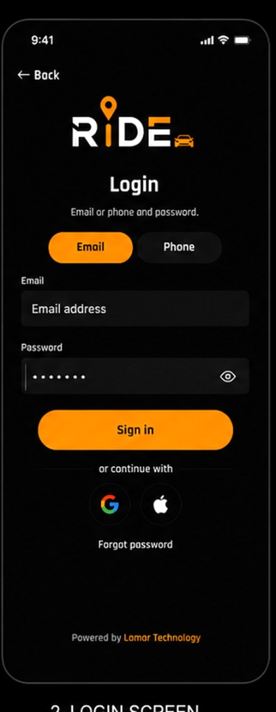 Ride login screen with email and password fields and Sign in button