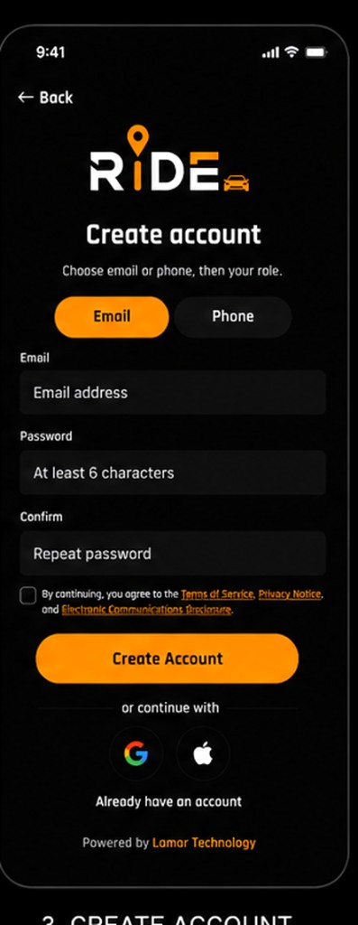 Ride create account screen with email, password, and Create Account button