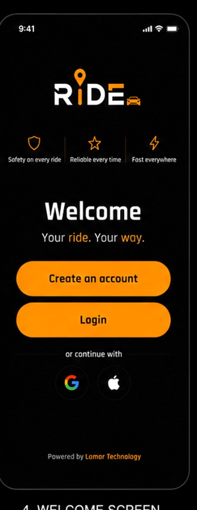 Ride welcome screen with Create an account and Login buttons
