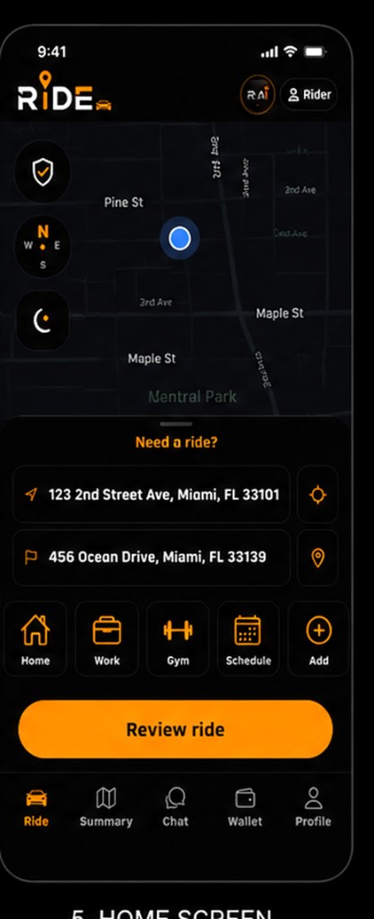 Ride rider home screen with Need a ride pickup and destination fields