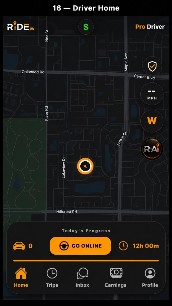 Ride driver home screen in dark mode with map, Today’s Progress panel, and Go Online button