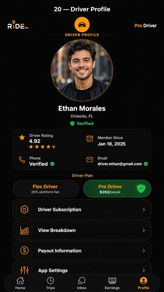 Ride driver profile screen in dark mode with demo profile, driver plan options, and account settings