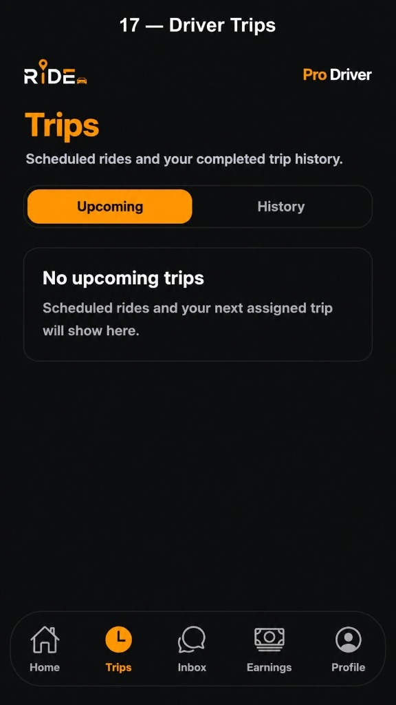 Ride driver trips screen in dark mode with Upcoming and History tabs