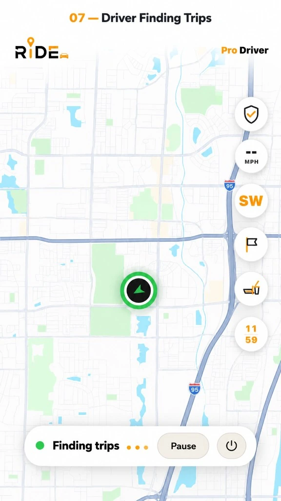 Ride driver finding trips screen in light mode with map and Finding trips status pill with Pause control