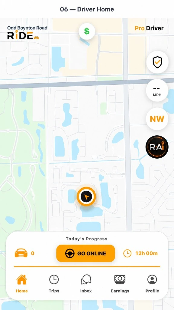 Ride driver home screen in light mode with map, Today’s Progress panel, and Go Online button