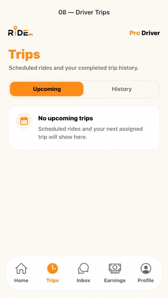 Ride driver trips screen in light mode with Upcoming and History tabs