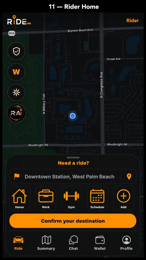 Ride rider home screen in dark mode with map, Need a ride panel, and Confirm your destination button