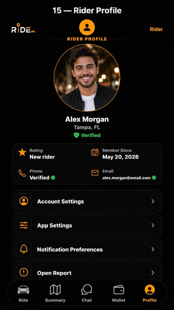 Ride rider profile screen in dark mode with demo profile, verification badges, and account settings