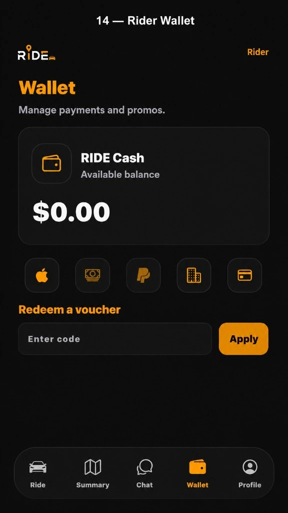 Ride rider wallet screen in dark mode with RIDE Cash balance, payment options, and voucher field