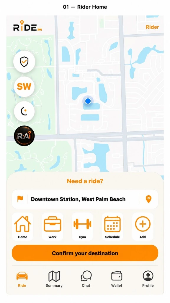 Ride rider home screen in light mode with map, Need a ride panel, and Confirm your destination button