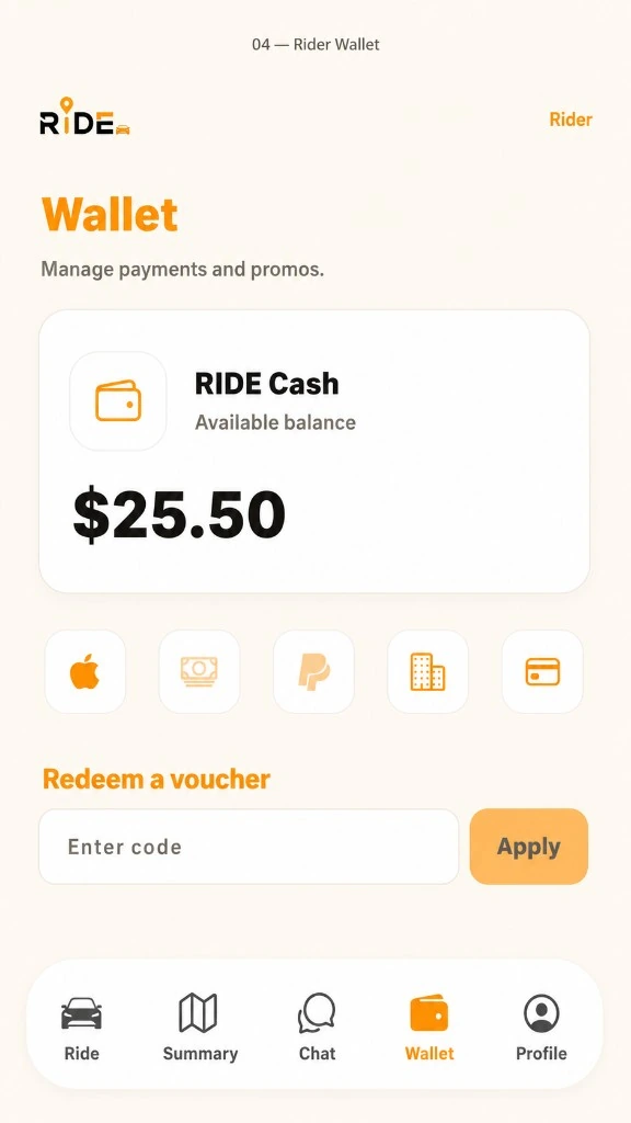 Ride rider wallet screen in light mode with RIDE Cash balance, payment options, and voucher field