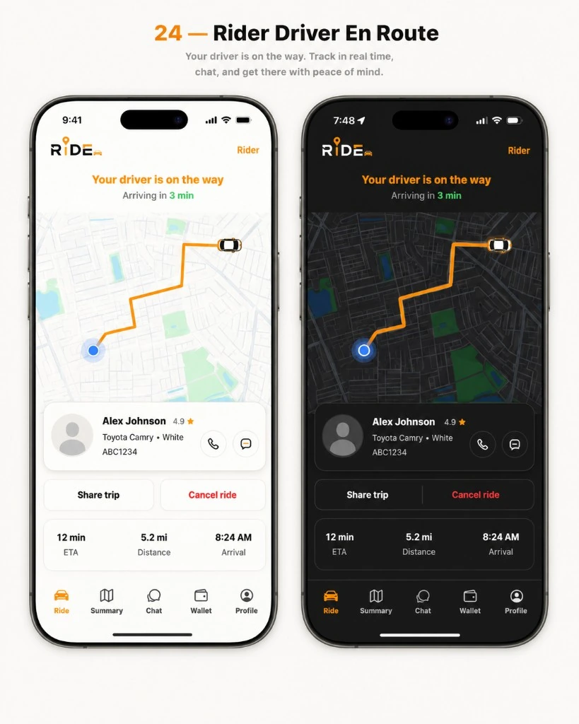 Ride driver en route screen shown in light and dark mode with live map route, driver card, and ETA details