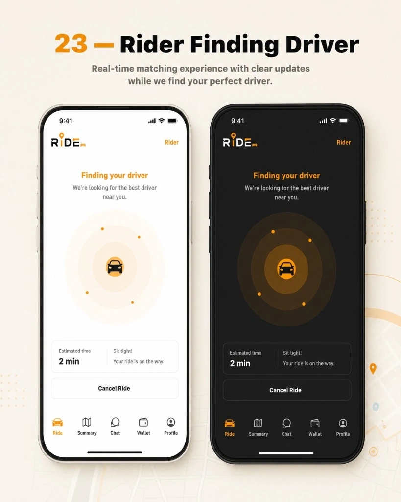 Ride finding your driver screen shown in light and dark mode with estimated time and Cancel Ride button